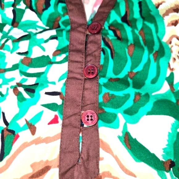 Y2K Almatrichi Madrid Floral Print Blouse Green Brown Cotton VNeck 3/4 Sleeve, S - Picture 3 of 11